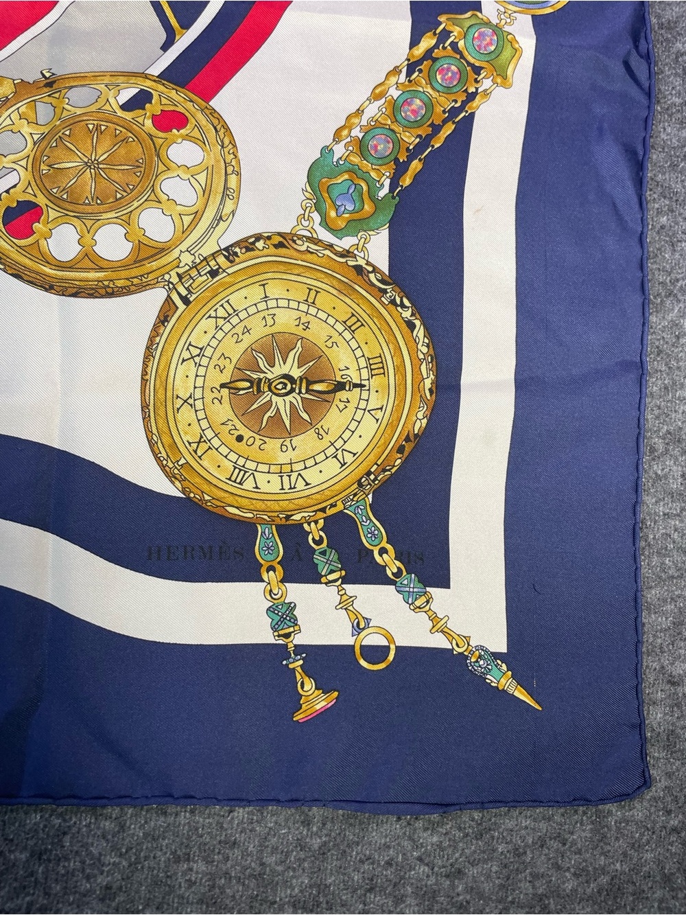 Hermes Multicolor Silk Scarf with Navy, Red, White and Gold Accents - Picture 4 of 16